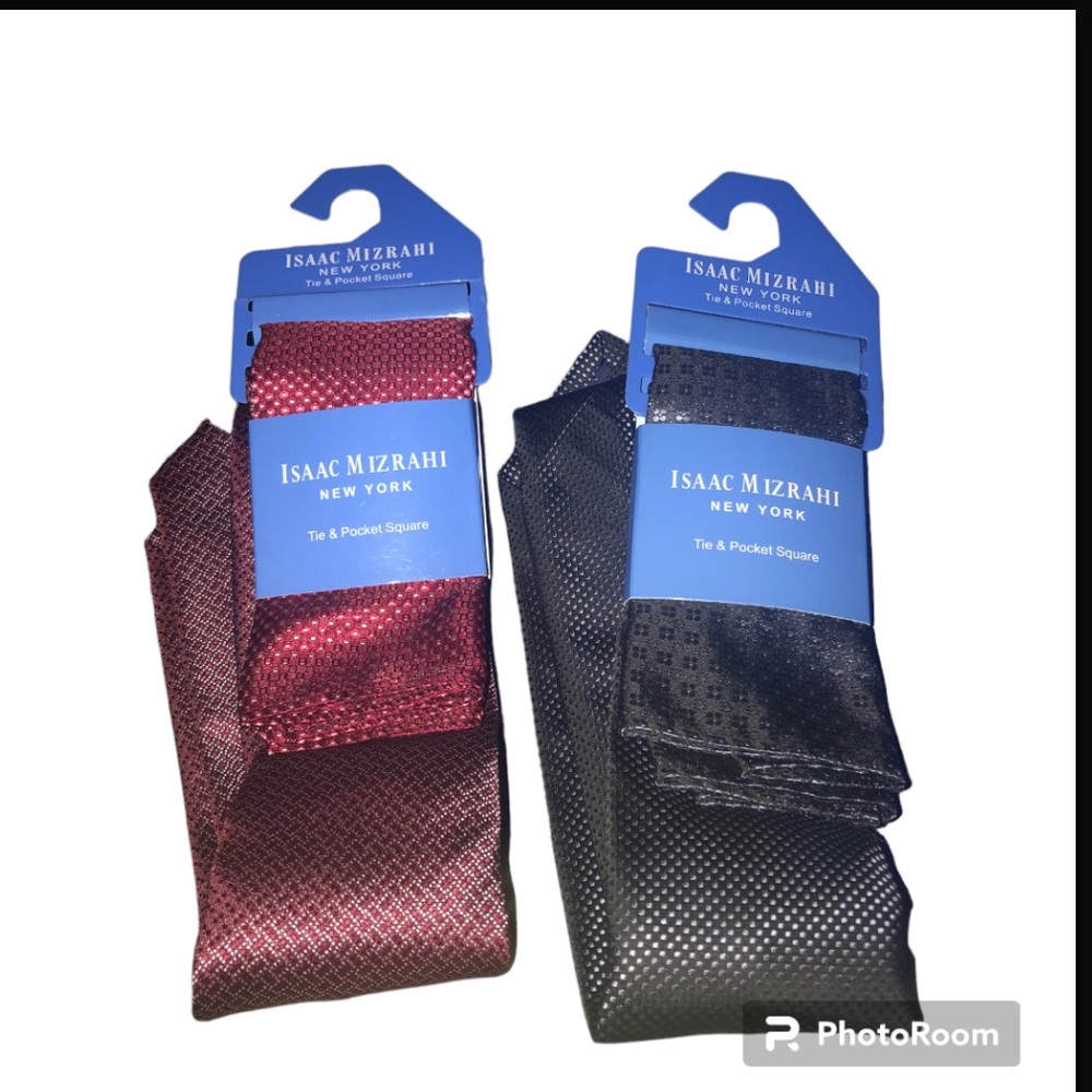 Isaac Mizrahi New York Tie & Pocket Square x 2  Burgundy (silver)&Gray (silver)